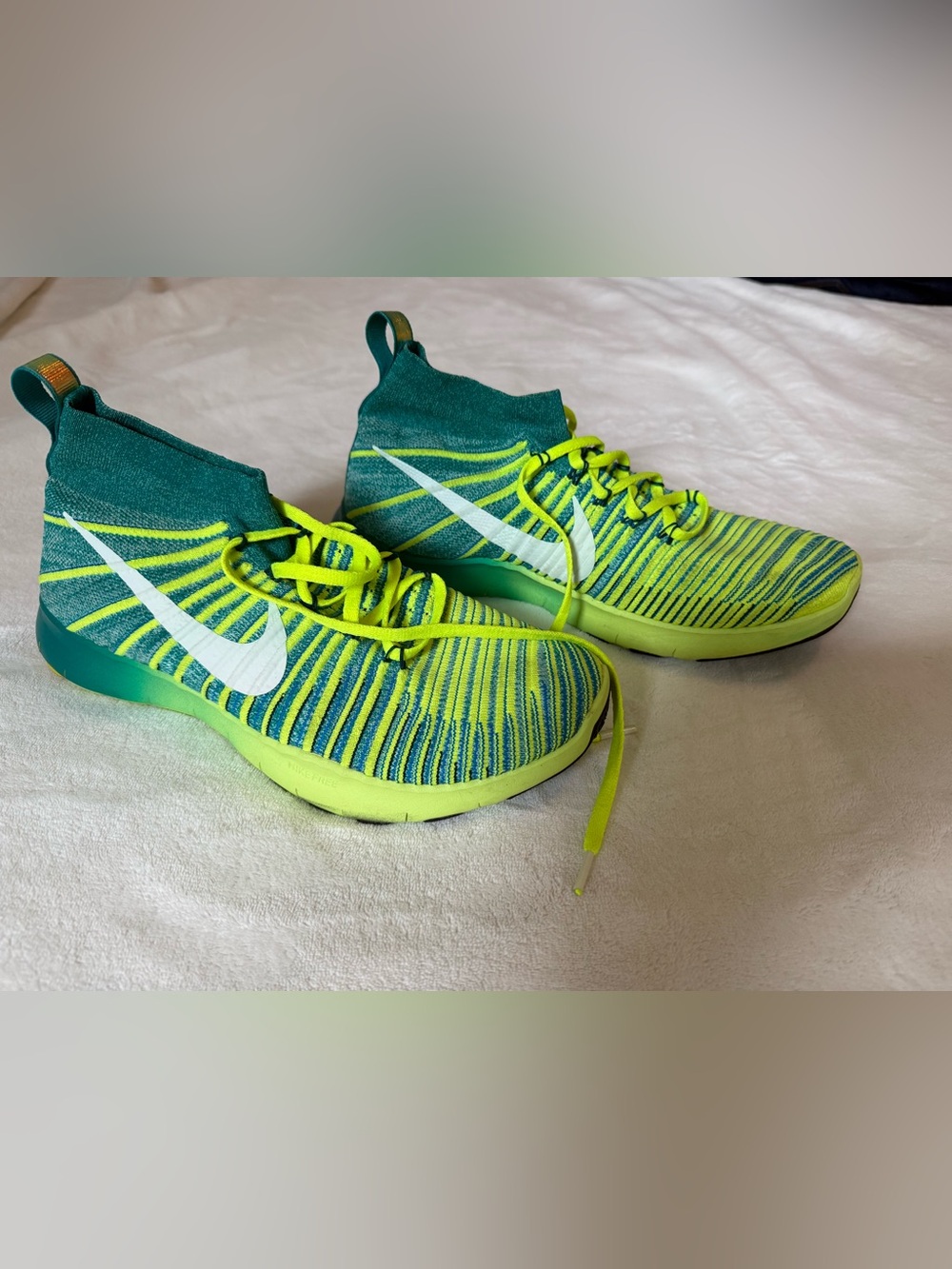 Nike Train Force Neon Yellow and Teal Flyknit Sneakers